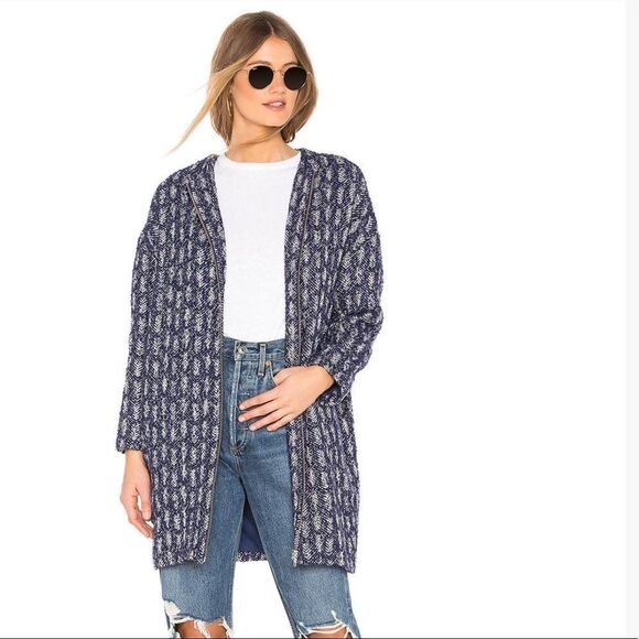 Collarless Blue White Tweed Mid-Length Coat by Tularosa - Picture 2 of 4